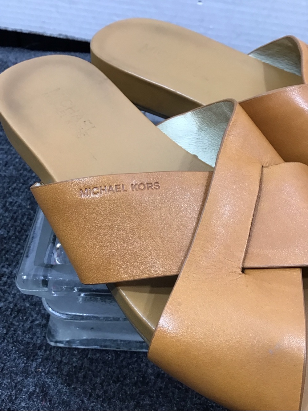 Michael Michael  Kors Cognac Somerly Leather Crossband Slide Sandals 7.5 - Picture 2 of 9